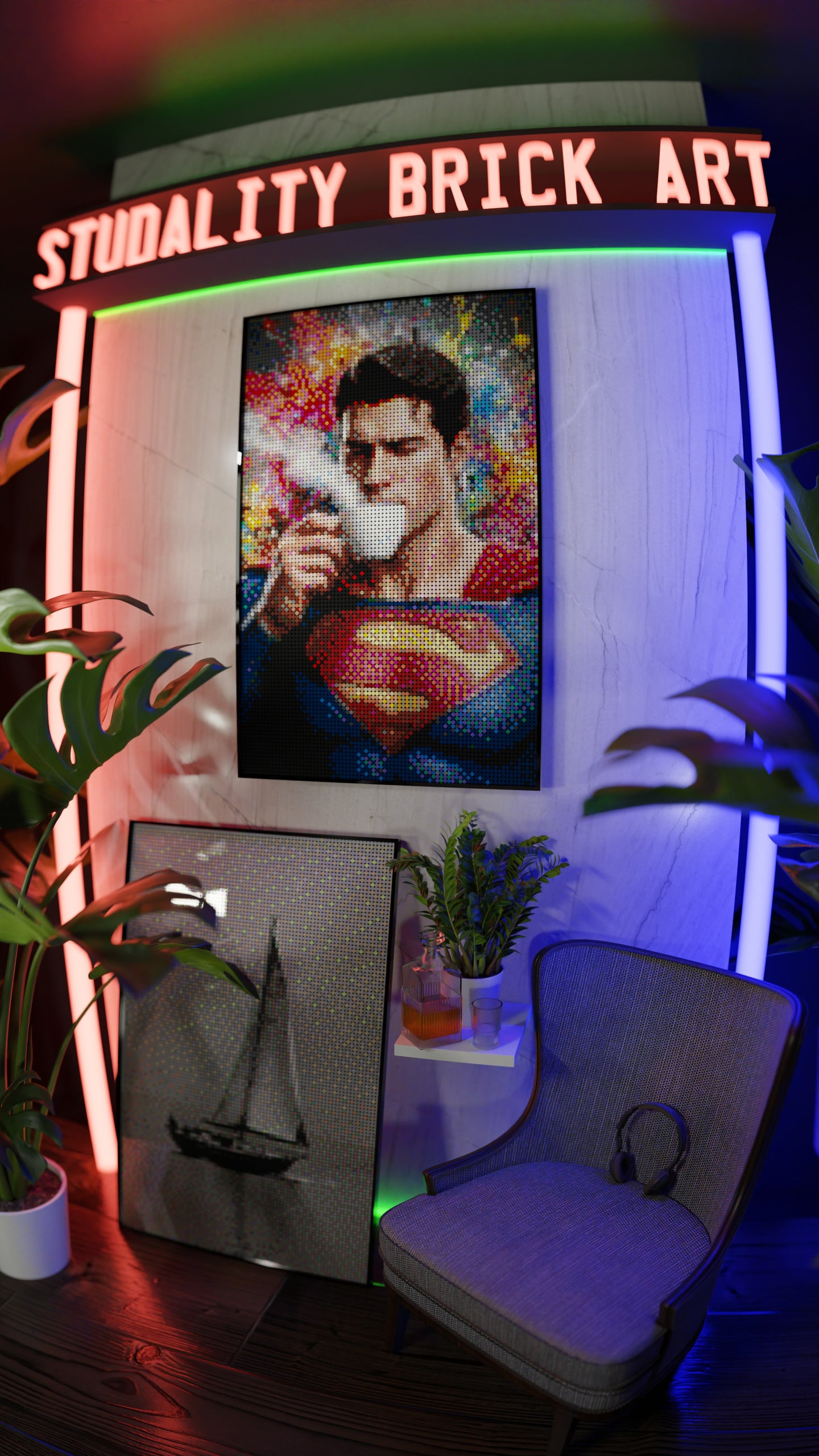 Superman LEGO® Style mosaic wall art made from colorful plastic bricks